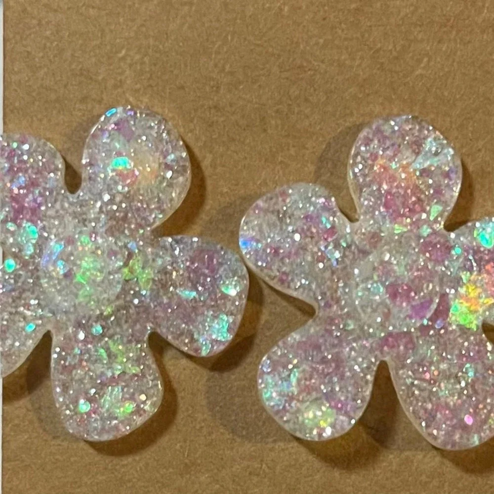 Handmade‎ epoxy resin large flower earrings - translucent holographic glitter